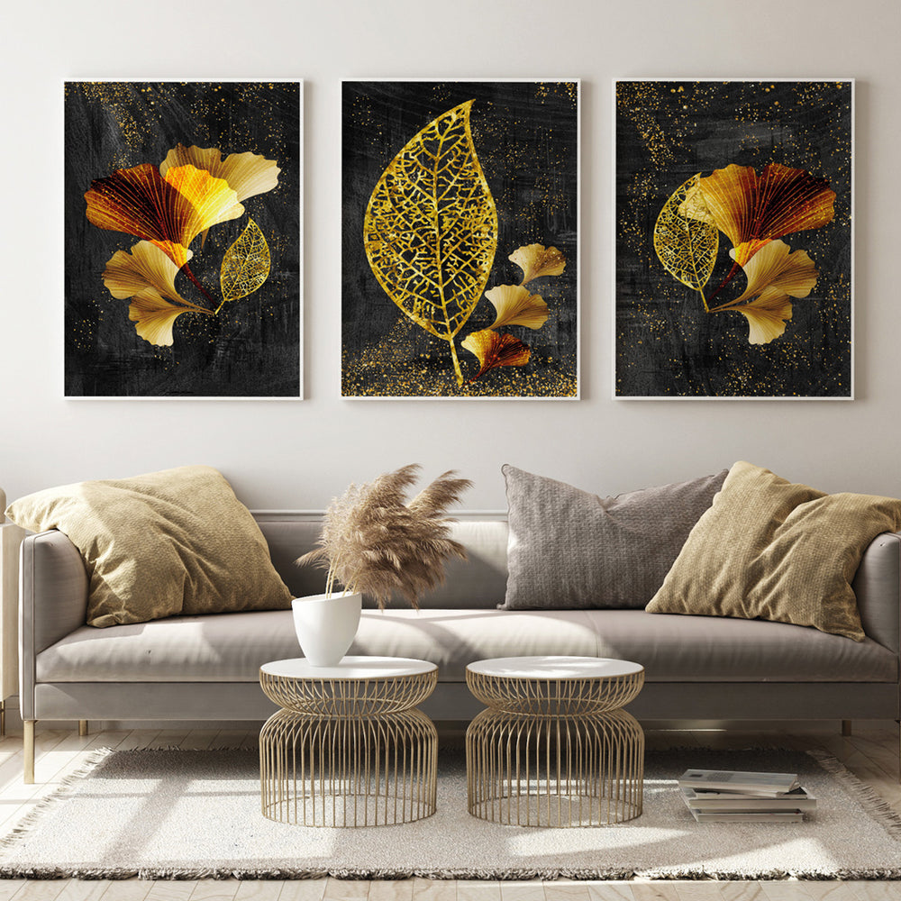 Composição de quadros Abstrato Folhas Douradas Trio