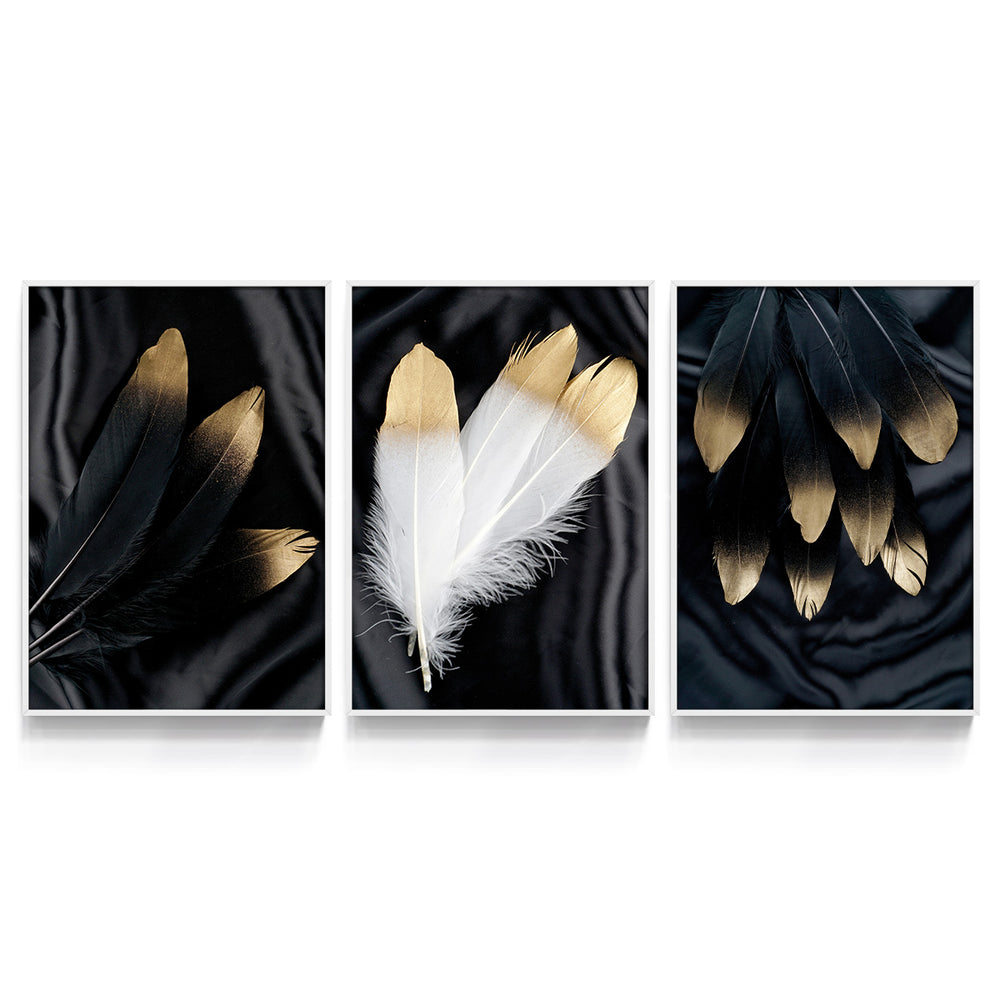 Composição de quadros Trio de Penas Preto, Branco & Dourado