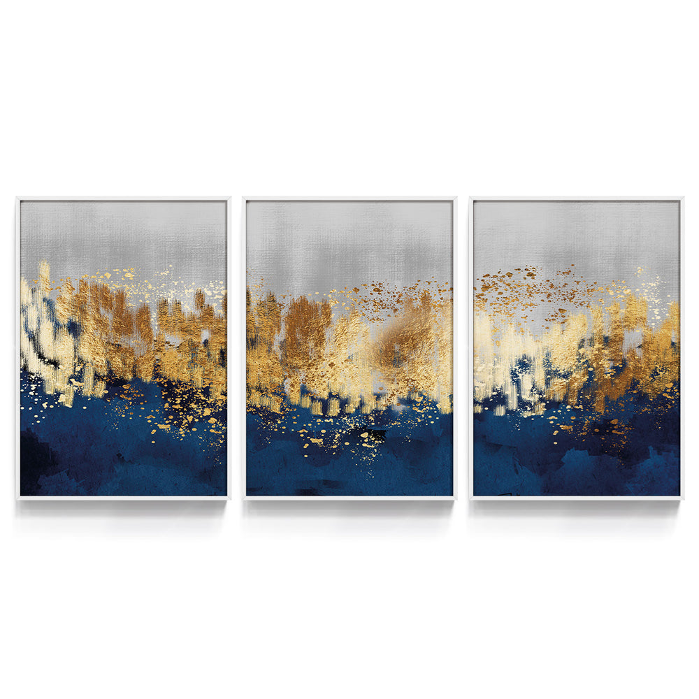 Composição de quadros Abstrato  Dourado, Branco & Azul Trio