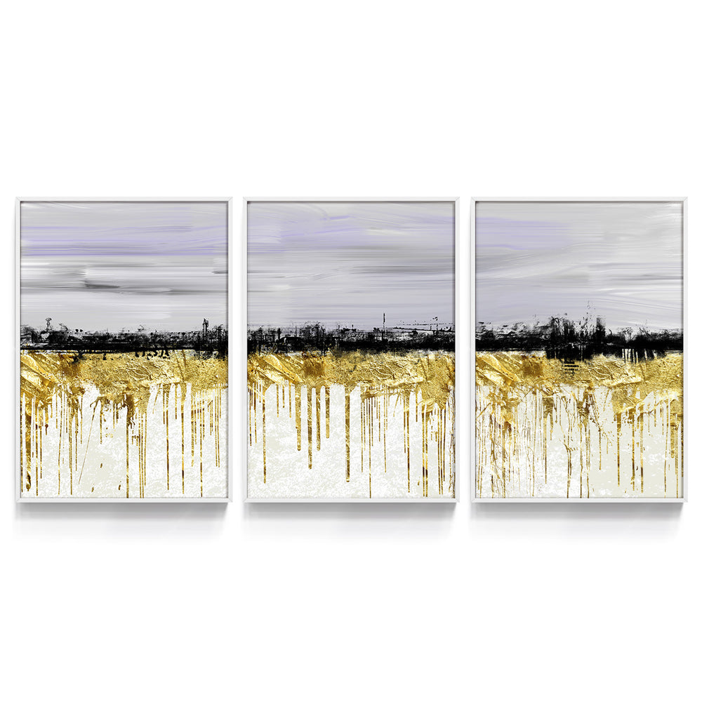 Composição de quadros Abstrato Dourado e Branco Trio