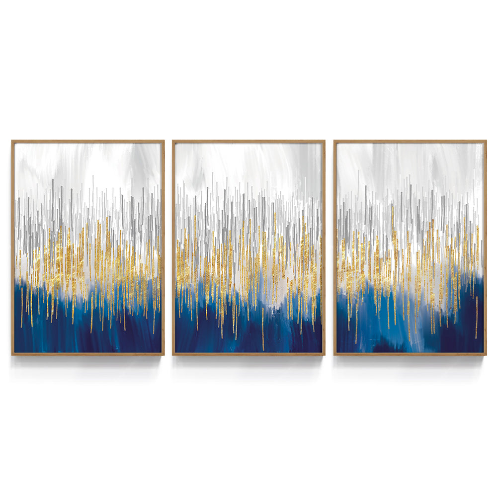 Composição de quadros Abstrato Chuva Dourada Branco & Azul Trio