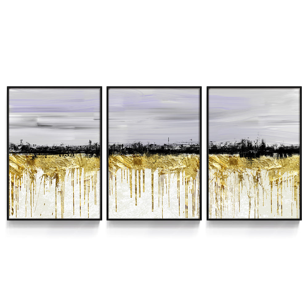 Composição de quadros Abstrato Dourado e Branco Trio