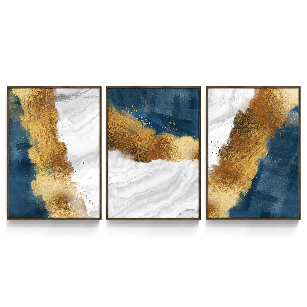 Composição de quadros Abstratos Areia Dourado, Branco & Azul Trio