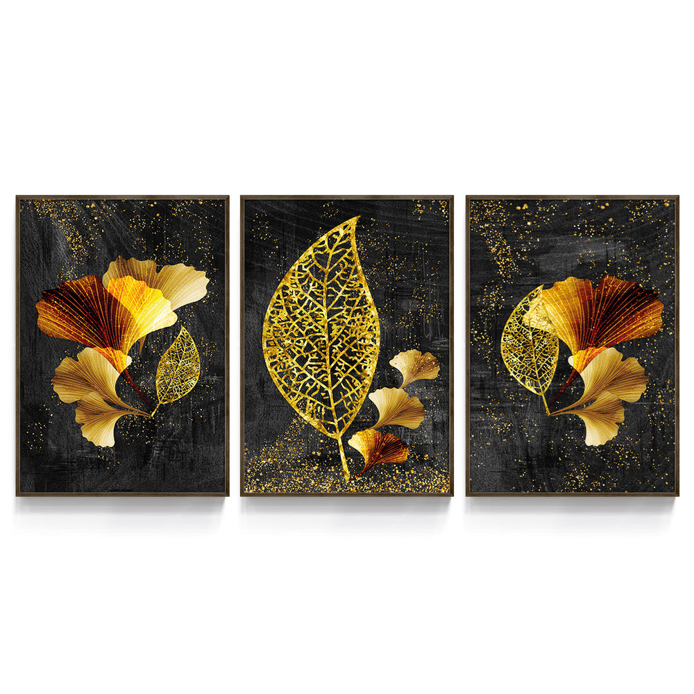 Composição de quadros Abstrato Folhas Douradas Trio