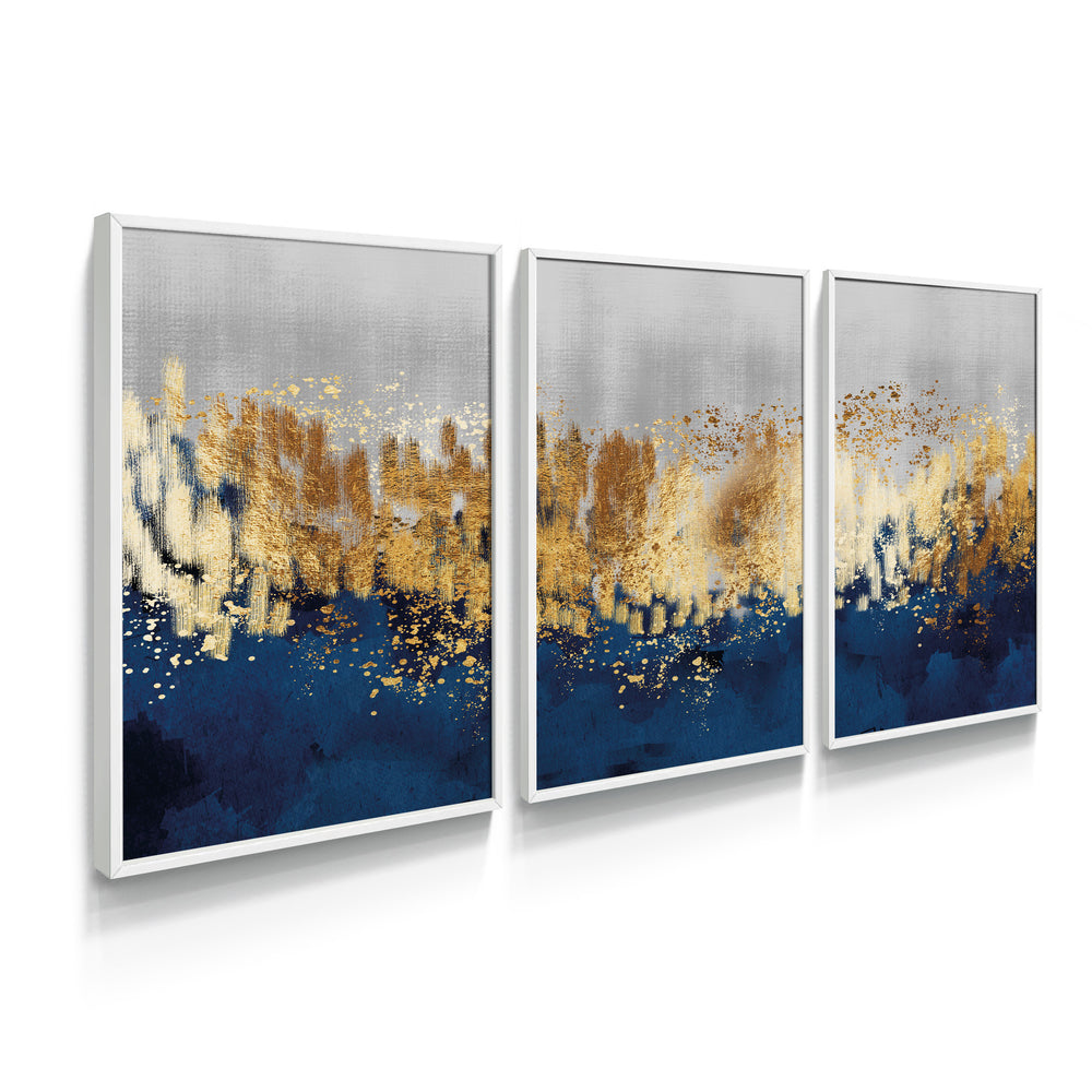 Composição de quadros Abstrato  Dourado, Branco & Azul Trio