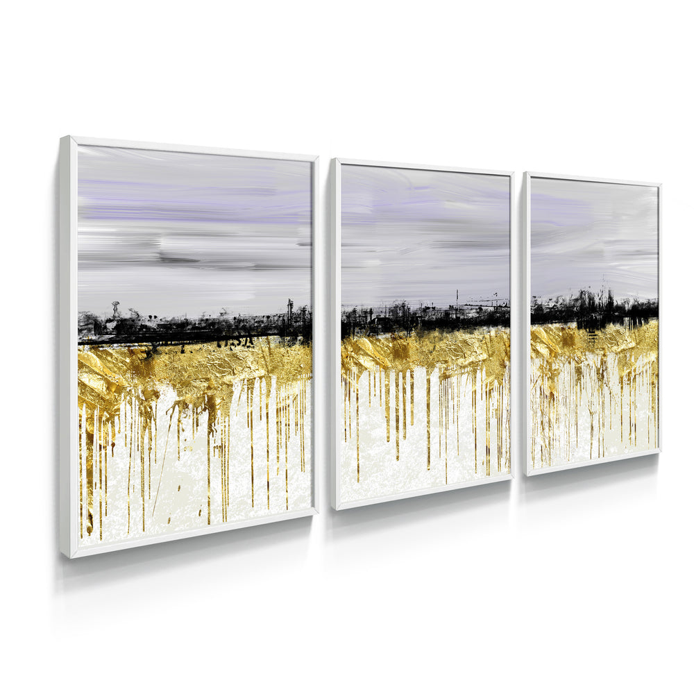 Composição de quadros Abstrato Dourado e Branco Trio