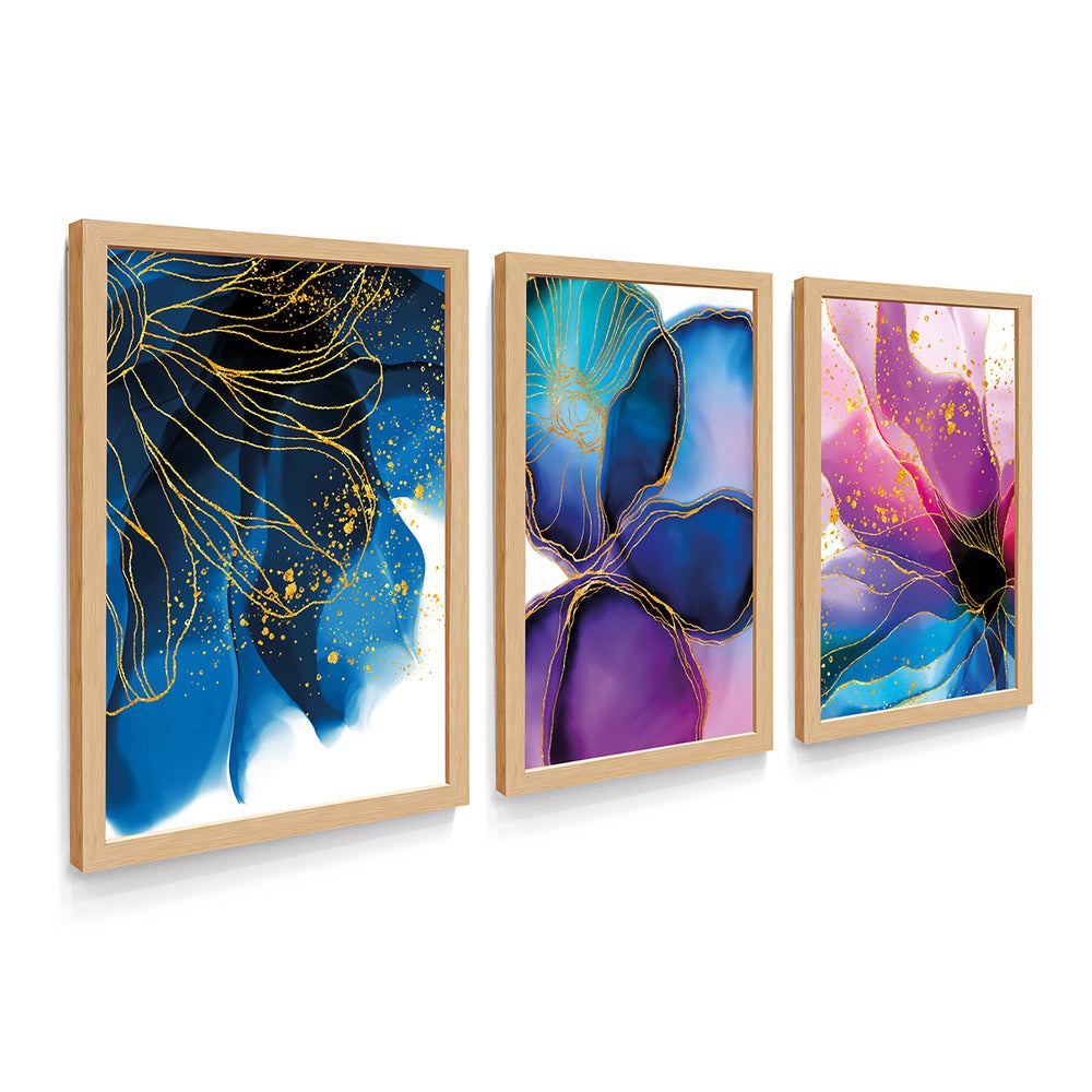 Composição de Quadros Floral Azul, Roxo e Dourado