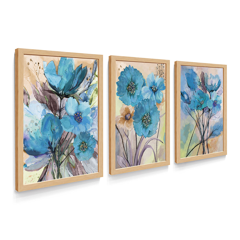 Composição de Quadros Trio de Flores Azuis Retrô