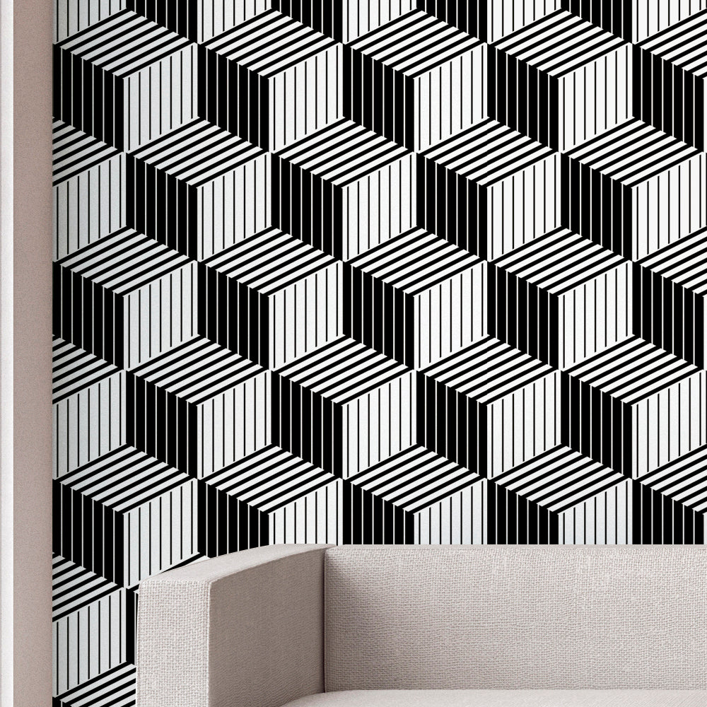 Papel de parede Cubos Efeito 3D Preto e Branco