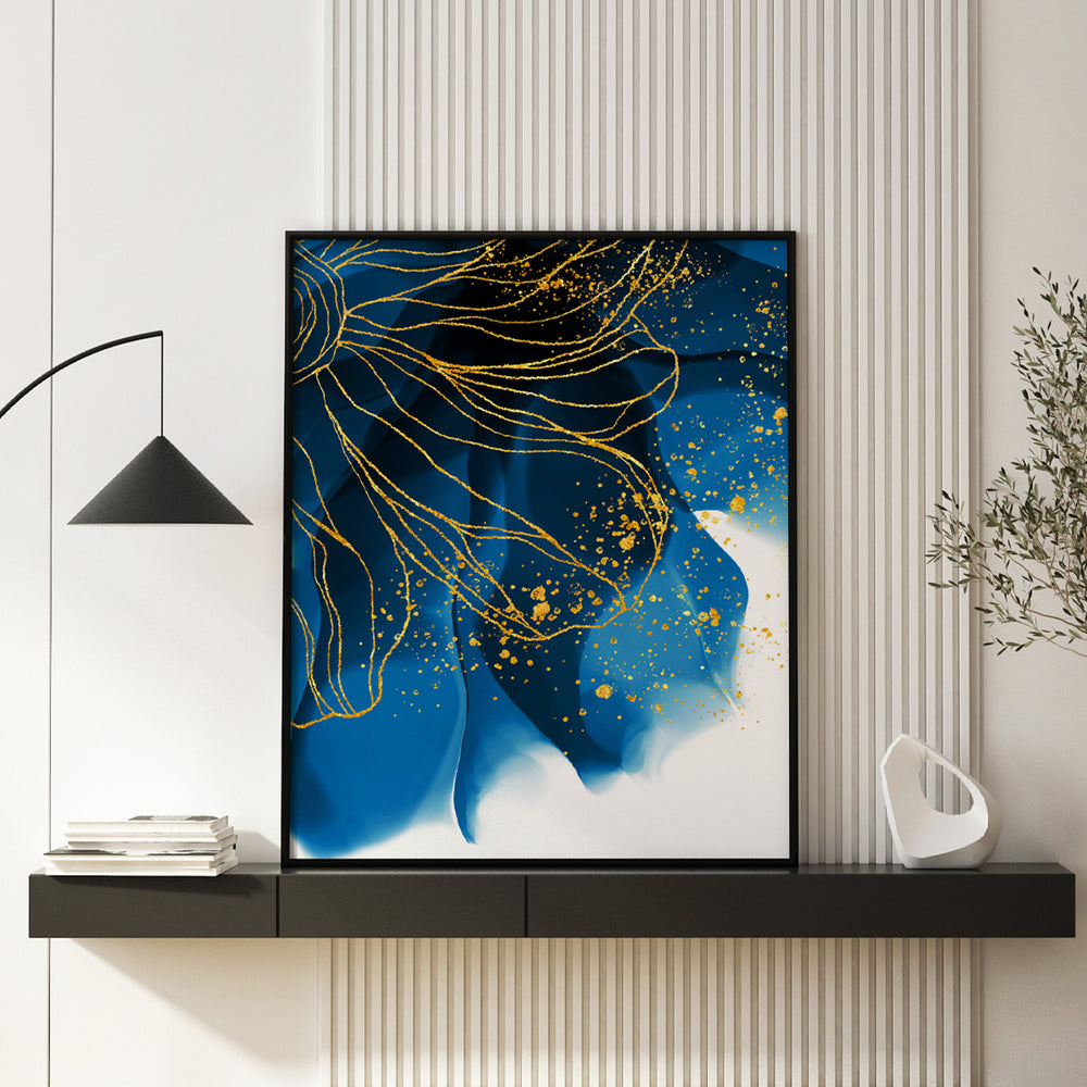 Quadro Abstrato Flor Azul Aquarela Gold